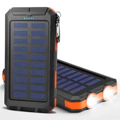 Cargador Solar 20000mAh, Power Bank Portátil Impermeable con 2 Puertos USB, Linterna LED, Brújula y Mosquetón, Batería Externa para Smartphones, Tablets y Camping