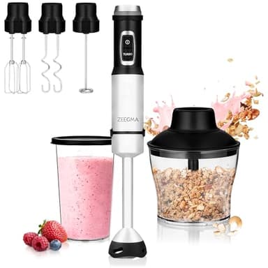 ZEEGMA Batidora de mano Handy Chef 5 en 1 multifuncional de 1500 W, juego de boquillas: batidora, gancho para mezclar, procesador de alimentos de 0,6 l, recipiente de 0,8 l, modo turbo