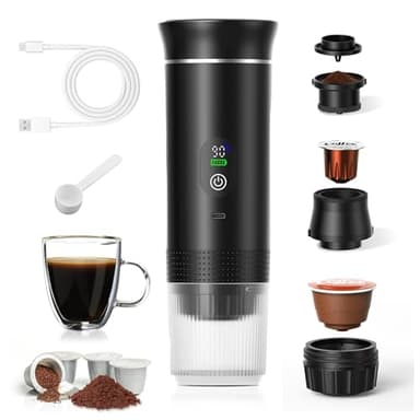 Cafetera Portátil 3 en 1 con Display de Temperatura, Calentamiento Máximo de 80ml Agua 20 Bar Multicápsula Modo Frío/Calor Batería Recargable USB-C 7500mAh, Compatible con Cápsulas y Café Molido