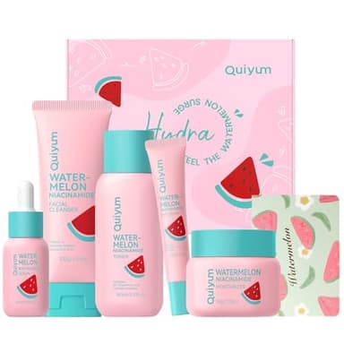 QUIYUM Set de Cuidado Facial con Sandía y Niacinamida, Kit Skincare 5 Piezas con Gel Limpiador, Tónico, Contorno de Ojos, Crema y Sérum, Hidratante, Set Regalo para Adolescentes, Glow Up Mujeres
