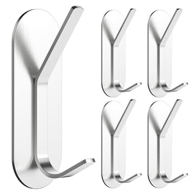 Alyvisun 5 Piezas Ganchos Adhesivos para Pared, Colgadores Adhesivos Resistentes de Acero Inoxidable, Ganchos de Pared sin Taladrar, Colgador Toalla para Baño Cocina Armario (Plata)