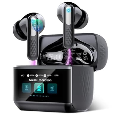 ZYHKON Auriculares Inalámbricos con Pantalla Táctil LED, Auriculares Bluetooth 5.4 HiFi Estéreo con HD Mic, 48H Cascos Inalambrico con Reducción de Ruido ANC+ENC, IP7 Impermeable, Negro Brillante