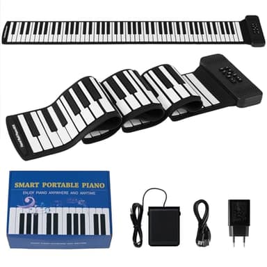 COSTWAY Teclado Piano Scroll, Piano Plegable de 88 Teclas con 128 Ritmos y Tonos, 14 Demostraciones, Teclado de Piano Eléctrico Recargable con Conexión Inalámbrica y Función MIDI para Principiantes