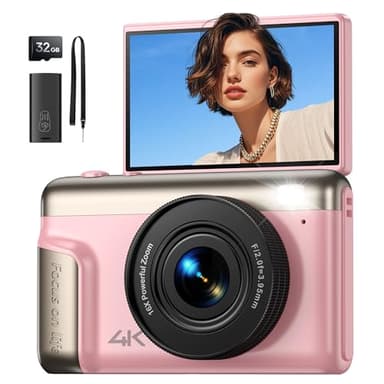 Camara de Fotos Digital 4K Compacta: 64MP Cámara Digital con Pantalla Abatible Flip180° De 3" Vlogging Camaras Fotográfica con 16X Zoom 32GB Tarjeta para Niños Principiantes Adultos Estudiantes Rosa