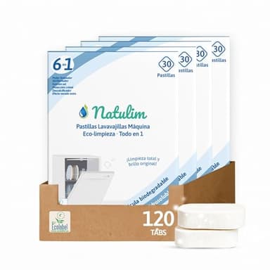 Natulim Pastillas de Lavavajillas 120 Usos - Biodegradables e Hidrosolubles 6 en 1 - Limpieza Profunda, Abrillantador, Función Sal, Protección Cristal, Descalcificador, Efecto Secado Extra - 4 Pack