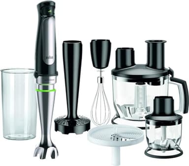 Braun Minipimer 7 MQ7087X - Batidora de Mano de 1000W, Minipicadora de 350ml, Pasapuré, Varillas, Procesador de Alimentos con 3 Funciones, Vaso de 600ml, Velocidad Automática, Tecnología ActiveBlade