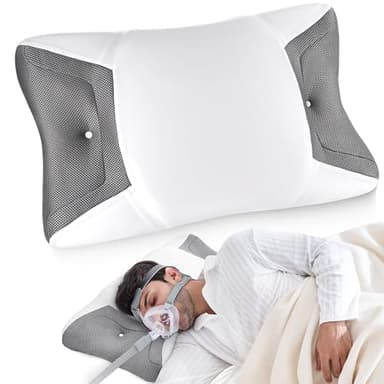 Almohada CPAP Ortopédica Cervical Espuma Viscoelástica, Almohada Apnea del Sueño Ergonómica con Ranuras Laterales Ensanchadas Reducen Presión Mascarilla y Fugas Aire, Funda Transpirable Fresca