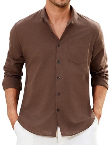 Enlision Camisa Marrón Hombre Lino Manga Larga Verano Camisas para Hombres de Algodon Cuello Mao Casual Henley Shirts Elegantes Playa Boda XL