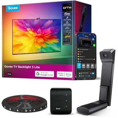 Govee LED TV RGBWIC Retroiluminación 3 Lite, 1,8 m para TV de 32'', Cámara mini con corrección de ojo de pez, cuentas 4 en 1, compatible con Google Assistant y Alexa, control por voz y APP, adaptador