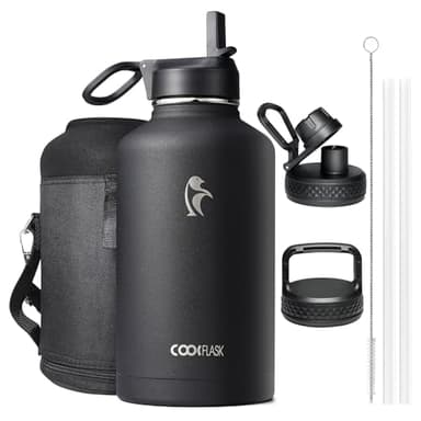 Botella de agua isotérmica de 2L, Coolflask Botella de agua con pajita y 3 tapas, Botella de agua fría y caliente de acero inoxidable con doble aislamiento al vacío y a prueba de fugas, Negra