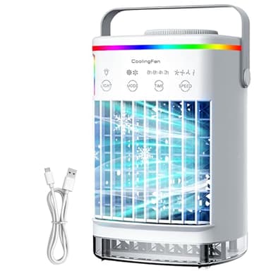 Aire Acondicionado Portátil, 4 en 1 Mini Aire Acondicionado Portátil, 4 Velocidades de Aire, Temporizador, 2 Modos de Niebla Fría y 7 Luces RGB, Tanque de Agua de 700ml, Apto para Casa, Dormitorio.