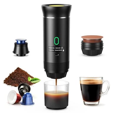 Yospinber Cafetera Espresso Eléctrica Portátil 3 en 1, Cafetera de Viaje para Camping, Cafetera de Coche Autocalentable con USB-C, 20BAR Presión, para Cápsulas Pequeñas o Grandes y Café Molido