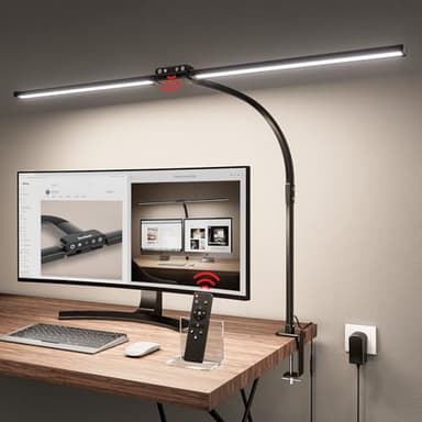 Jeebel Lámpara de Escritorio Pinza LED 24W 80cm Lampara de Doble Cabezal con Pinza 9.5cm, Mando Distancia, Giratorio 360°, 1800LM Luz Ordenador para Pintar, 10 Temperatura Color 10 Niveles Brillo