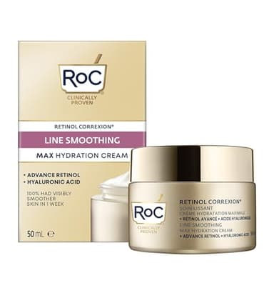 RoC - Retinol Correxion Line Suavizante Max Hidratación Diaria - Hidratante Facial Intensivo Antiarrugas y Antienvejecimiento - con Ácido Hialurónico - 50 ml