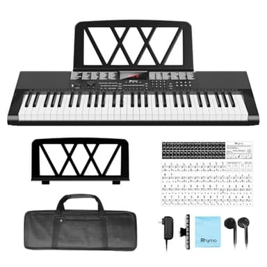 Piano de teclado para niños principiantes y adultos con soporte de partitura, calcomanías para notas de piano, micrófono, 255 voces, 255 ritmos, teclado electrónico de música, alimentado por USB o