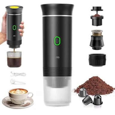 PZCC Cafetera Portatil, Cafetera Portátil Cápsula de Espresso 3 en 1, Autocalentamiento de 2a6 Minutos, Para Cápsulas Pequeñas o Grandes y Café Molido,Cafetera Portátil para Oficina y Hogar (Negro)