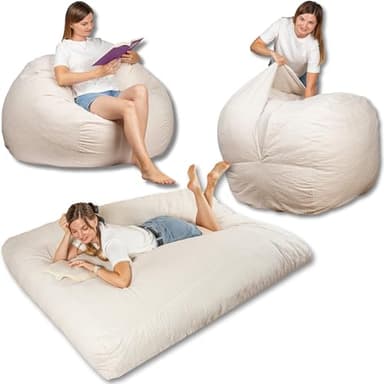 bananair - Puff Cama Gigante con Relleno de Espuma Incluído - Puff Salon Convertible en Futon/Colchón Plegable Suelo 135x185 cm - Pana Ancho, Tejido Suave y Elegante (Blanco Roto)