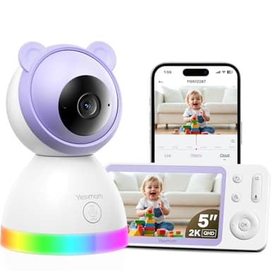 YESIMOM 2K/3MP Camara Vigilancia Bebe con 5" IPS Pantalla, 360° PTZ Vigilabebes con App Movil, Visión Nocturnas, Detección de Movimiento/llanto, Audio Bidireccional, Canción de Cuna, VOX(1PCS)