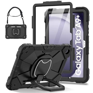Funda para Samsung Galaxy Tab A9+ Plus 11 Pulgadas 2023, con Protector de Pantalla, Soporte Giratorio 360°, Correa de Mano/Hombro (Negro, Galaxy Tab A9 Plus)