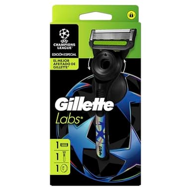 GilletteLabs UEFA Champions League Special Edition Maquinilla De Afeitar Para Hombre Con Barra Exfoliante, 1 Mango + 1 Recambio, Incluye Soporte De Pared