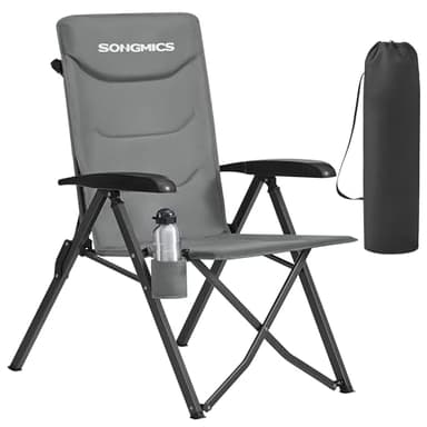 SONGMICS Silla de Camping para Adultos, Reclinable 95°-150°, Plegable, Respaldo Alto Ajustable, con Portavasos y Bolsa con Correa para el Hombro, Jardín, Pícnic, Pesca, Gris GCB015GZ01