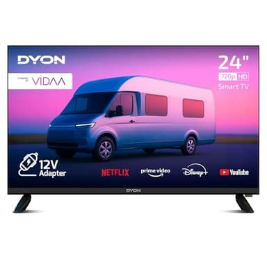 DYON Smart 24 VX-V - Smart TV HD de 24 pulgadas con conexión de 12 V para camping y caravana, sintonizador triple HD (DVB-S2/T2/C), App Store, Prime Video, Netflix, Disney+, modo hotel