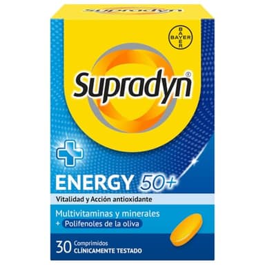 Supradyn Energy 50+ Complejo Vitamínico con Antioxidantes para Mayores de 50, 12 Vitaminas, 9 Minerales y Polifenoles de Oliva, Energía con Efecto Antioxidante, Amarillo, 1 Unidad, 30 Comprimidos
