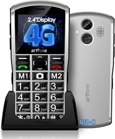 artfone A400 Pro 4G Teléfono Móvil para Mayores丨Movil con Teclas Grandes y Volumen Alto丨Dual SIM丨Botón SOS丨Base de Carga丨Batería 1800mAh丨Voz Anunciando Hora丨Pantalla 2,4" - Plateado