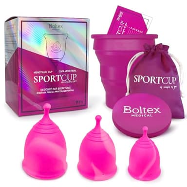 Copa Menstrual SPORT CUP ALL-IN-ONE SET de BOLTEX MEDICAL. Diseñada para MUJERES ACTIVAS. Incluye Vaso Esterilizador, 3 Copas Menstruales SPORT CUP: Talla S, Talla M, Talla L y Bolsa de Guardado