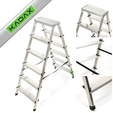 KADAX Escalera de Doble Cara de Aluminio con 6 Peldaños Antideslizantes, Capacidad de Carga de 125 kg, Plataforma de Trabajo y Diseño Plegable (123 x 48 cm)