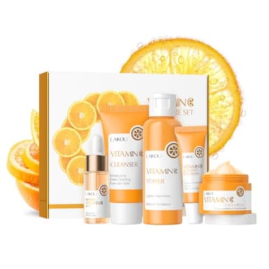 LAIKOU Set Regalo Cuidado de la Piel Mujer, Cuidado de la Piel con Vitamina C, 5 Piezas Kit Skincare Facial Vitamina C, Limpiador Tónico Suero Crema para Ojos Crema Facial, para Adolescentes y Mujeres