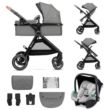 Kinderkraft ESME Carrito bebé 3 en 1 Set, con Portabebés Mink PRO I-Size, Sistema de Viaje, Cochecito para Bebé, Cochecito, Plegable, para Recién Nacido hasta 4 Años, Gris