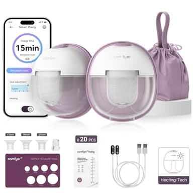 comfyer W2 Sacaleches Eléctrico Manos Libres, Extractor de leche doble para la boca del bebé,Brida de doble sellado con 3 tipos y 9 niveles, compresa térmica, carga magnética, control mediante APP