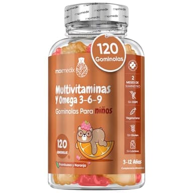 Gominolas Multivitaminas y Omega 3 6 9 Para Niños Sabor Frambuesa y Naranja 120 Unidades - Complejo de 17 Vitaminas y Minerales, Apoyo Natural Para Sistema Inmunitario y las Defensas