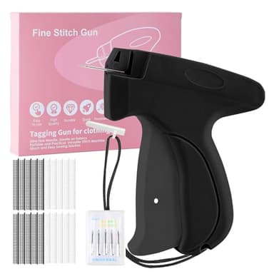 SINZONeu Pistola de coser a mano Mini – Máquina de coser portátil con 5 agujas + 1000 pinzas, reparación de rayos para ropa y cortinas, kit de costura de viaje para reparaciones textiles, negro