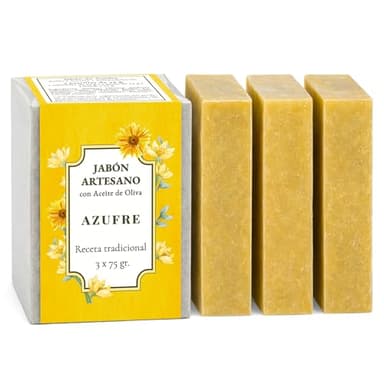 CABRERIZO SOAP JABON DE AZUFRE NATURAL con aceite de oliva - 3 ud. de jabón antibacterial Pack 3 x 75 g. Limpiador facial y corporal piel grasa, Jabones artesanales para acne espalda y puntos negros