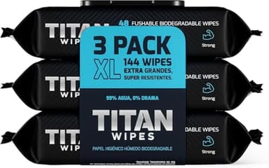 TITAN WIPES Papel Higiénico Húmedo Biodegradable EXTRA Grande y Resistente – 3pack 144 Toallitas Humedas XL 18×18 cm, 99% Agua, Aloe & Vitamina E, 0% Alcohol, Resistentes y Desechables por el WC