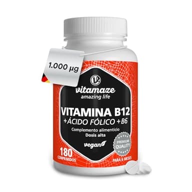 Vitamina B12 1000 mcg con Ácido Fólico 375 mg B9 y Vitamina B6, 3 Vitaminas B de Alta Dosis para Múltiples Beneficios, Energía y Sistema Inmune, 180 Comprimidos Veganos, Calidad Alemana. Vitamaze®