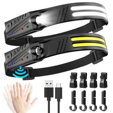 MLIAIMCE Linterna Frontal,2 Piezas Super Brillante 2000 Lúmenes Frontal Led Recargable con Sensor de Movimiento 230 °Ángulo 2*LED,IPX5 Impermeable 0.14lb Ligera Linterna Cabeza Para Correr Camping