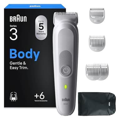 Braun Recortadora Corporal Series 3 BG3575, Afeitadora Corporal Para Pieles Sensibles, +6 Accesorios De Rasurado, 80 Min De Autonomía, Afeita Y Recorta, Resistente Al Agua, Gris
