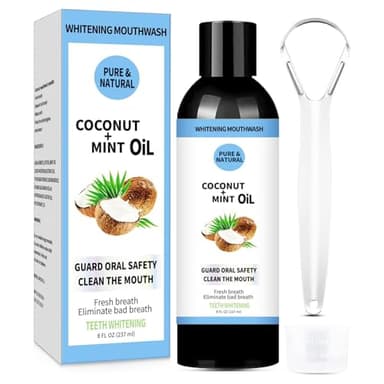 Fresh Breath Uso Diario Colutorio con Tongue Scraper, Natural Enjuague Bucal de Aceite de Coco & de Menta, Boca Sana y Protegida, Dientes Más Fuertes y Encías Más Sanos, Combate Las Caries 8 Fl.Oz