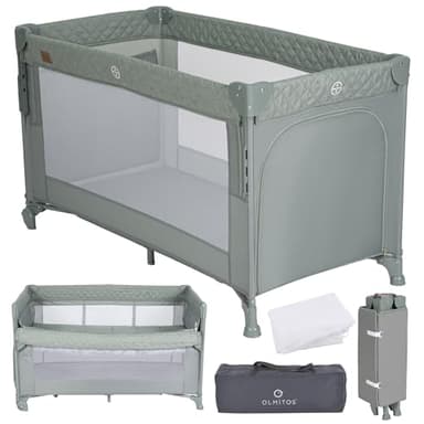 Olmitos - Cuna de Viaje Colecho 3 en 1 Trend Cun con Mosquitera 0-3 años (0-15kg) Plegable, Ligera, Doble Altura, Lateral Abatible, Parque de Juegos y Bolsa de Transporte (Verde)