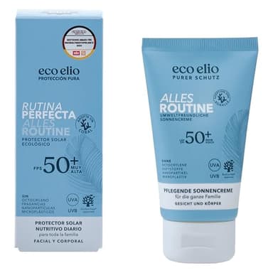 eco elio Rutina Perfecta Crema Solar SPF 50+ Facial y Corporal, Natural, Sin Octocrileno ni Perfume, Microplásticos-Free, Cosmética Eco para Familias, Piel Sensible, Uso Diario, Tamaño Viaje 75ml
