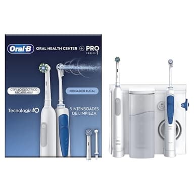 Oral-B Centro De Salud Bucal Irrigador: Irrigador Dental de Agua, 1 Cabezal Oxyjet, 1 Cabezal Water Jet + 1 Cepillo de Dientes Eléctrico Pro Series 1 con 1 Cabezal de Recambio, Regalos Originales