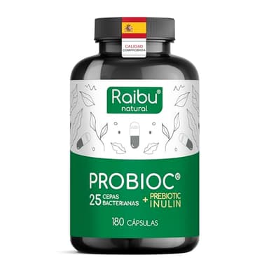 Probióticos y Prebióticos Intestinales - 180 Cápsulas, 25 Cepas Bacterianas + Inulina, 60 Mil Millones de UFC para la Flora Intestinal - Lactobacillus, Bifidobacterium, Máxima Concentración