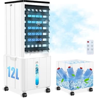 Aire Acondicionado Portátil, Enfriador de Aire de 12L con Temporizador de 12H, 3 Modos, 40dB, 60W, Control Remoto, Climatizador Evaporativo Sin Tubo Exterior para Habitación
