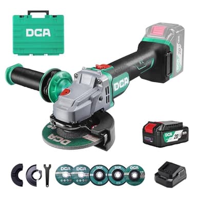 DCA Amoladora Angular sin Cable 20V sin Escobillas, Ø125mm, incl. Batería 4.0Ah & Cargador Rápido, 8500RPM Amoladora Angular Profesional con Tapa de Cierre Rápido, 6 Discos para Cortar, Desbastar