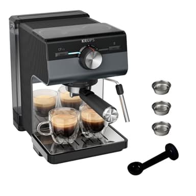 Krups Cafetera Espresso Manual, Authentic+, 15 bares de presión, Espumador de leche, Ajuste Manual, Cuchara Medidora y Compactadora, Depósito de 2 L de capacidad, Negra, XP384G