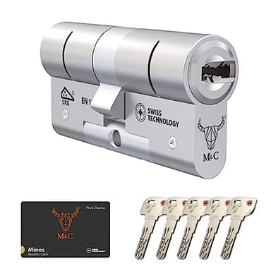 M&C Minos Bombín Cerradura Alta Seguridad Anti Topolino Leva Larga Doble Embrague Máxima Seguridad SKG 3 Estrellas 32x32mm Anti Bumping Resistente Taladro Tecnología Suiza Pleateado 5 Llaves Incluidas