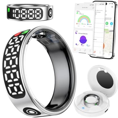 Fileeyn Anillo Inteligente con Pantalla LED, Ritmo Cardiaco/SpO2/Sueño/Fitness Tracker, Smart Ring para Hombre Mujer, IP68 Impermeable, App Compatible con iOS/Android, Talla 10, Plata
